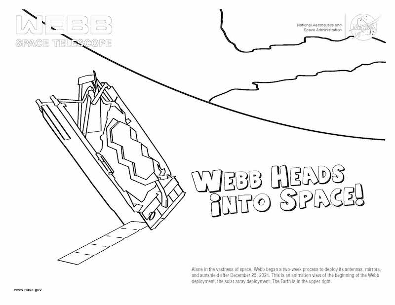 Black and white coloring page based on an annimation of the deployment phase of the James Webb Space Telescope. The phrase "Webb Heads into Space!" is outlined at the middle right. The phrase "Webb Space Telescope" is outlined in the top left. The phrase "National Aeronautics and Space Administration" along with the NASA meatball logo are show in the top right. The Earth is shown in the upper right. The telescope with one solar array deployed is shown at the middle left.