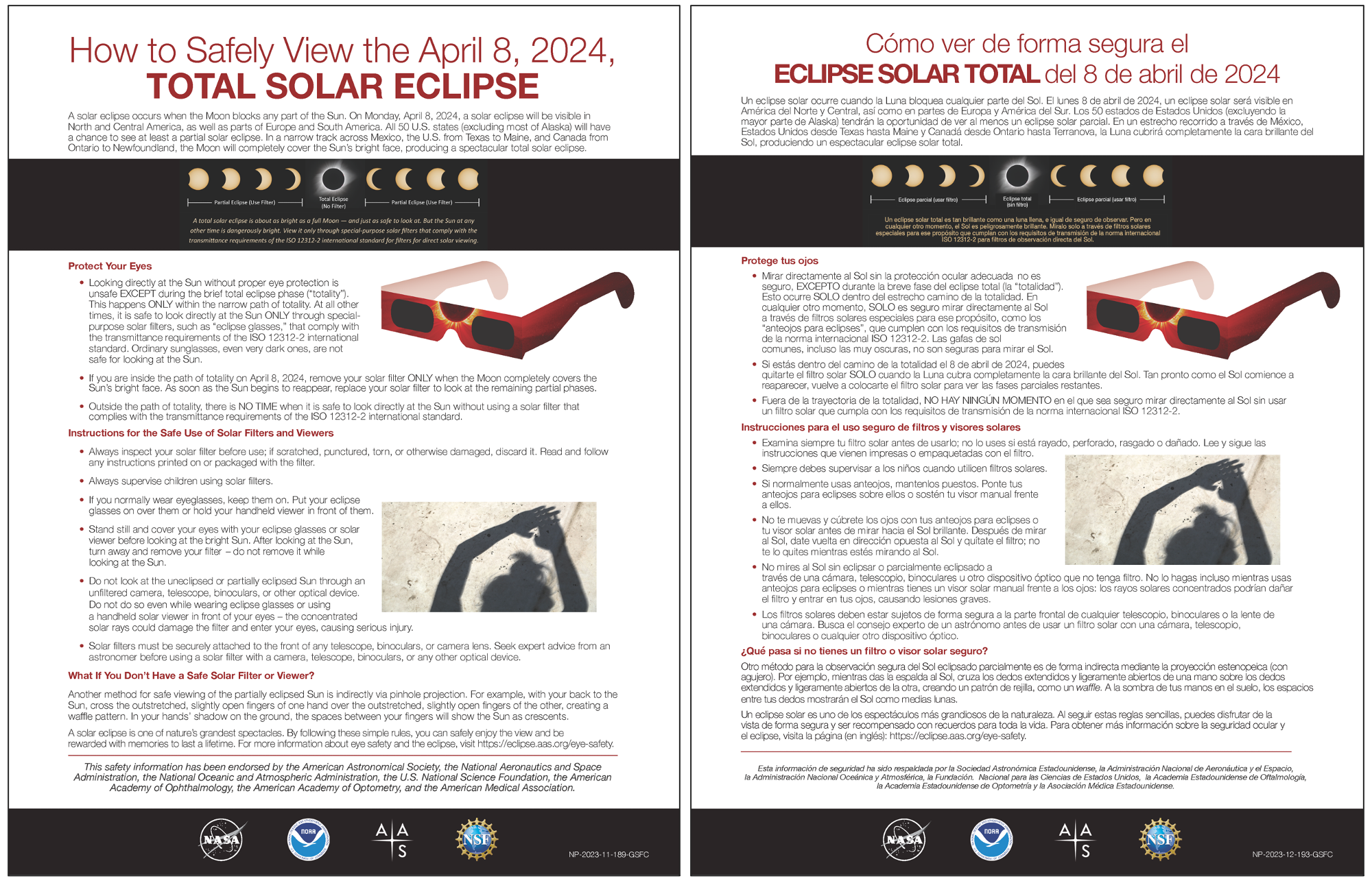 On the left, is an image of the eclipse safety sheet in English. On the right, is an image of the eclipse safety sheet in Spanish.