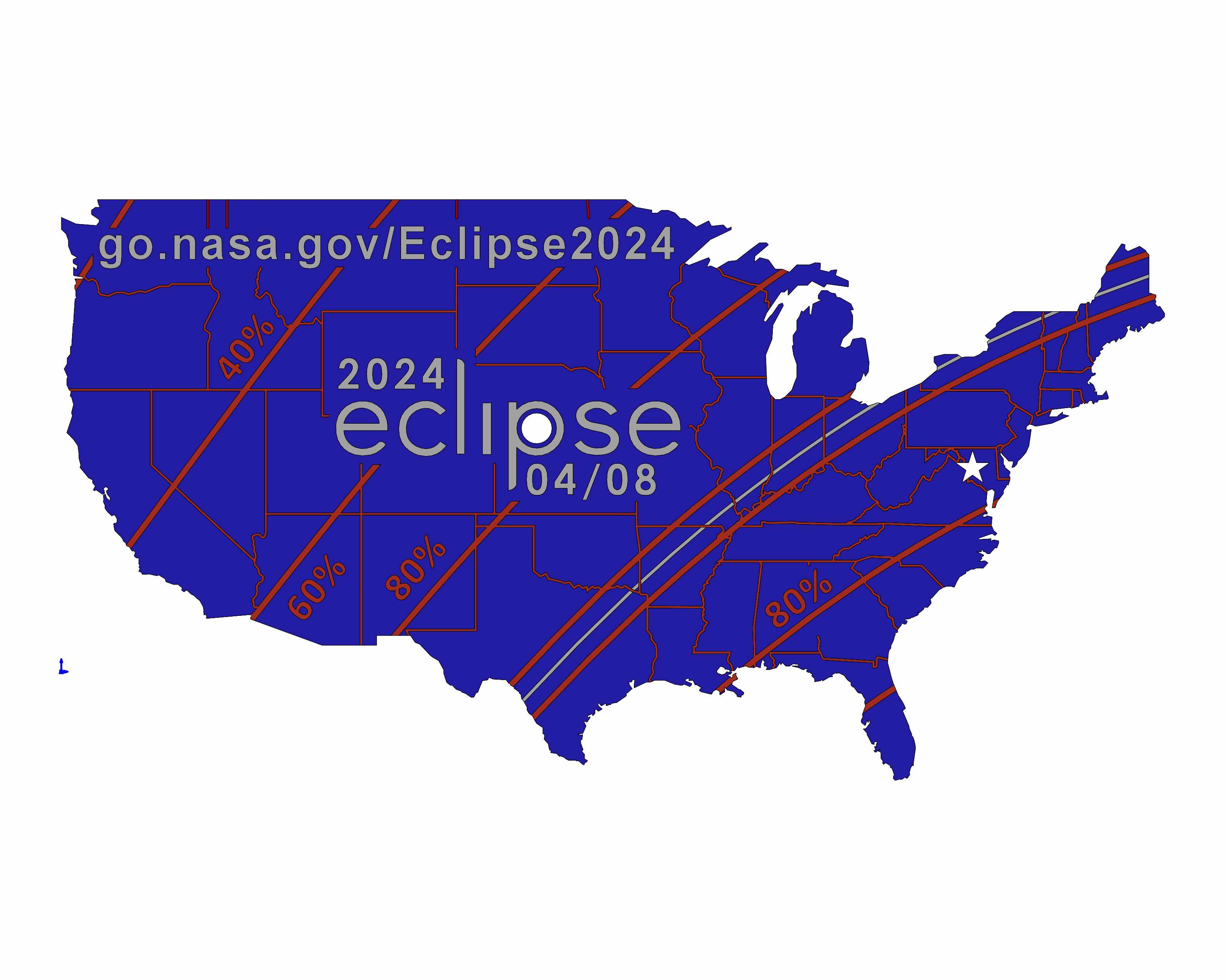 Contiguous, blue, U.S. map with white state outlines and red eclipse paths
