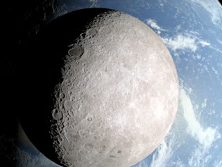 Detailed view of the Moon, mostly lit from the right, with Earth filling the screen in the background.