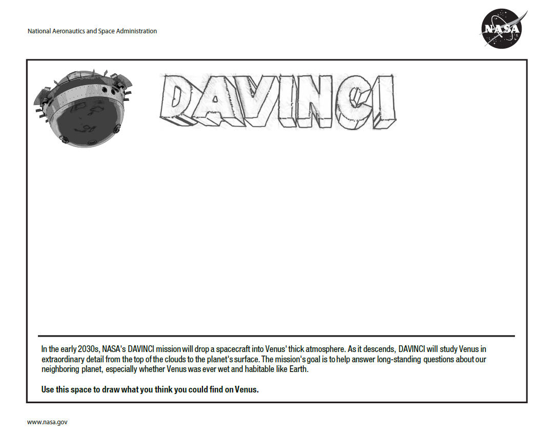 A grey probe is shown at the upper left, next to the word "DAVINCI," which is written out in block letters. The prompt to the coloring page is written at the bottom, underneath a black horizontal line.