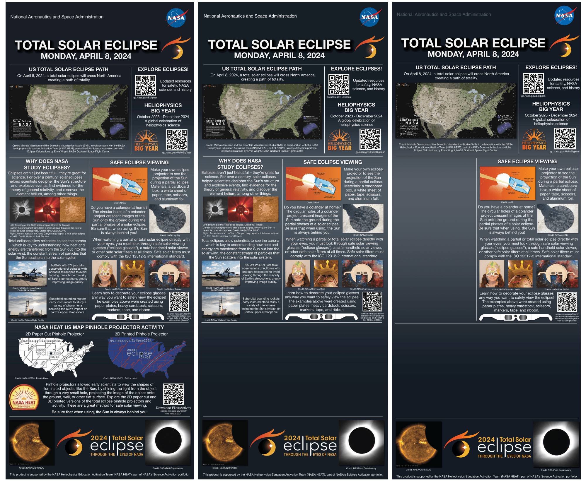 The three eclipse banners. On the far left is Version 1, which includes the most text. In the middle is Version 2, which provides a little less detail. And on the right is Version 3, which has a little information and a lot of blank areas.