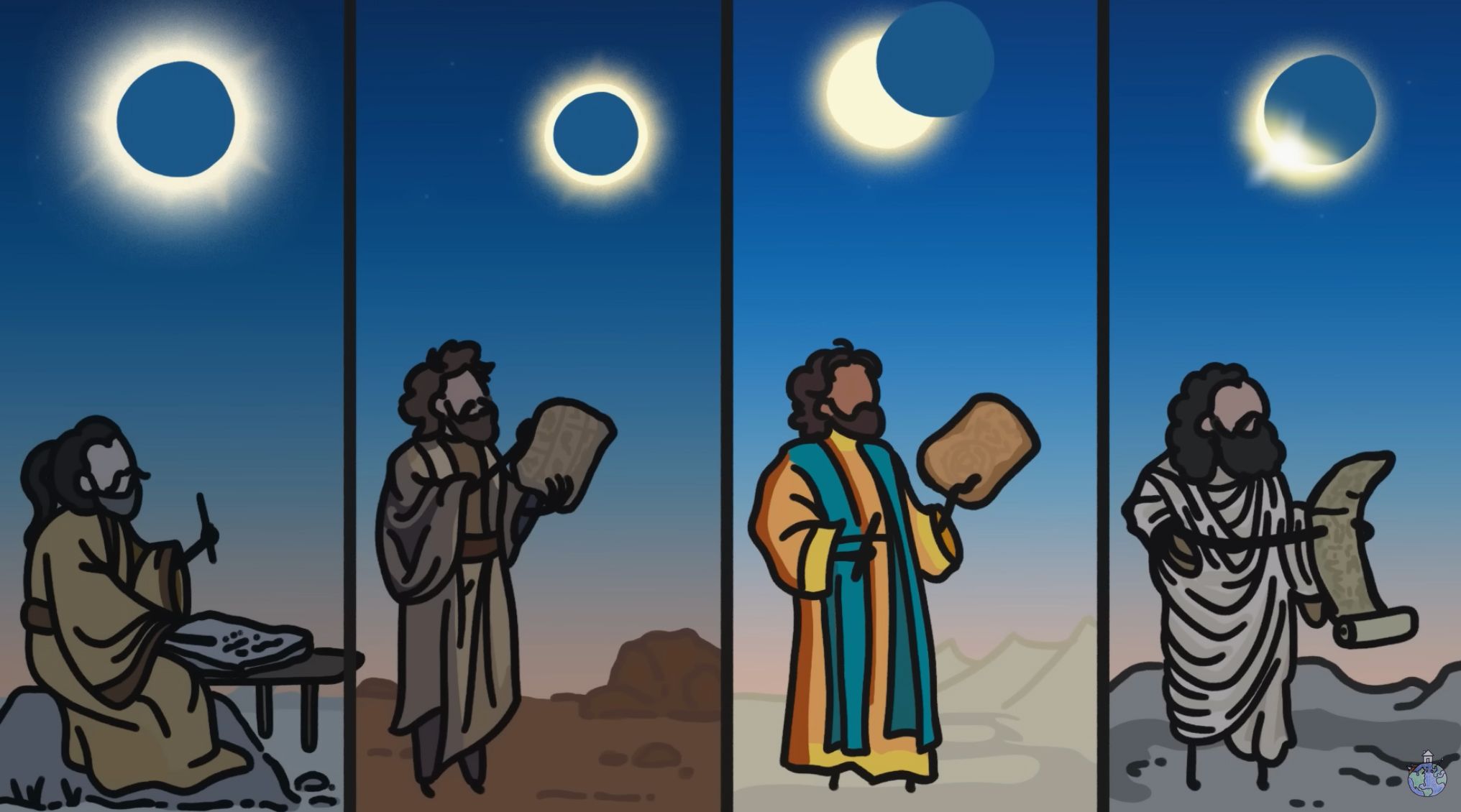 Four side-by-side cartoon images depicting a people from four different time periods and ancient civilizations who are observing a solar eclipse and documenting their observations.