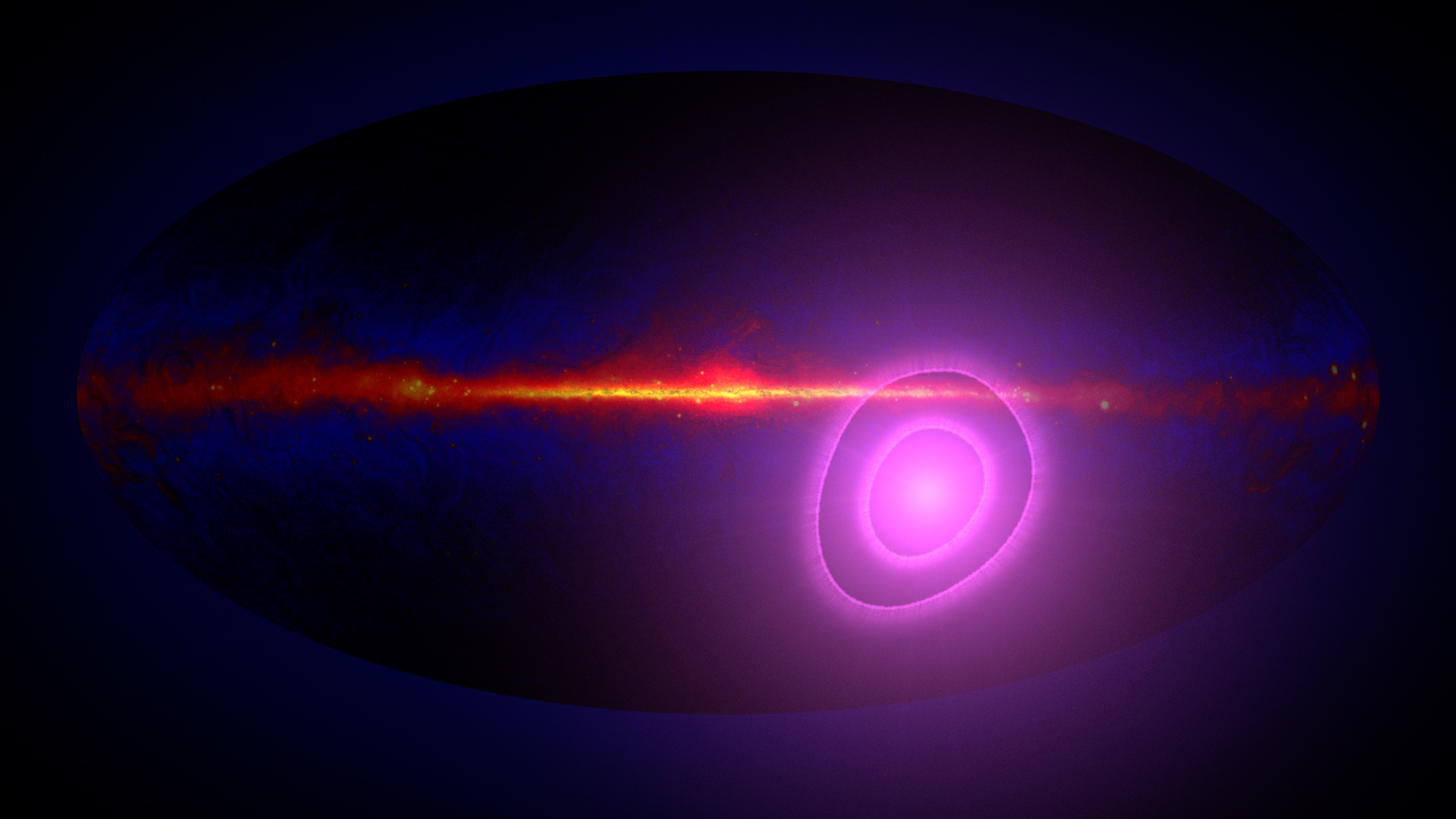 Artist's concept of gamma ray sky with dipole marked in magenta