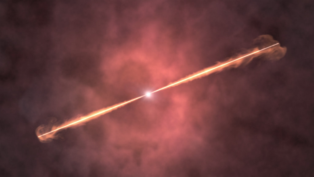 A dying star is shown with two jets emerging from it against a red hazy circle