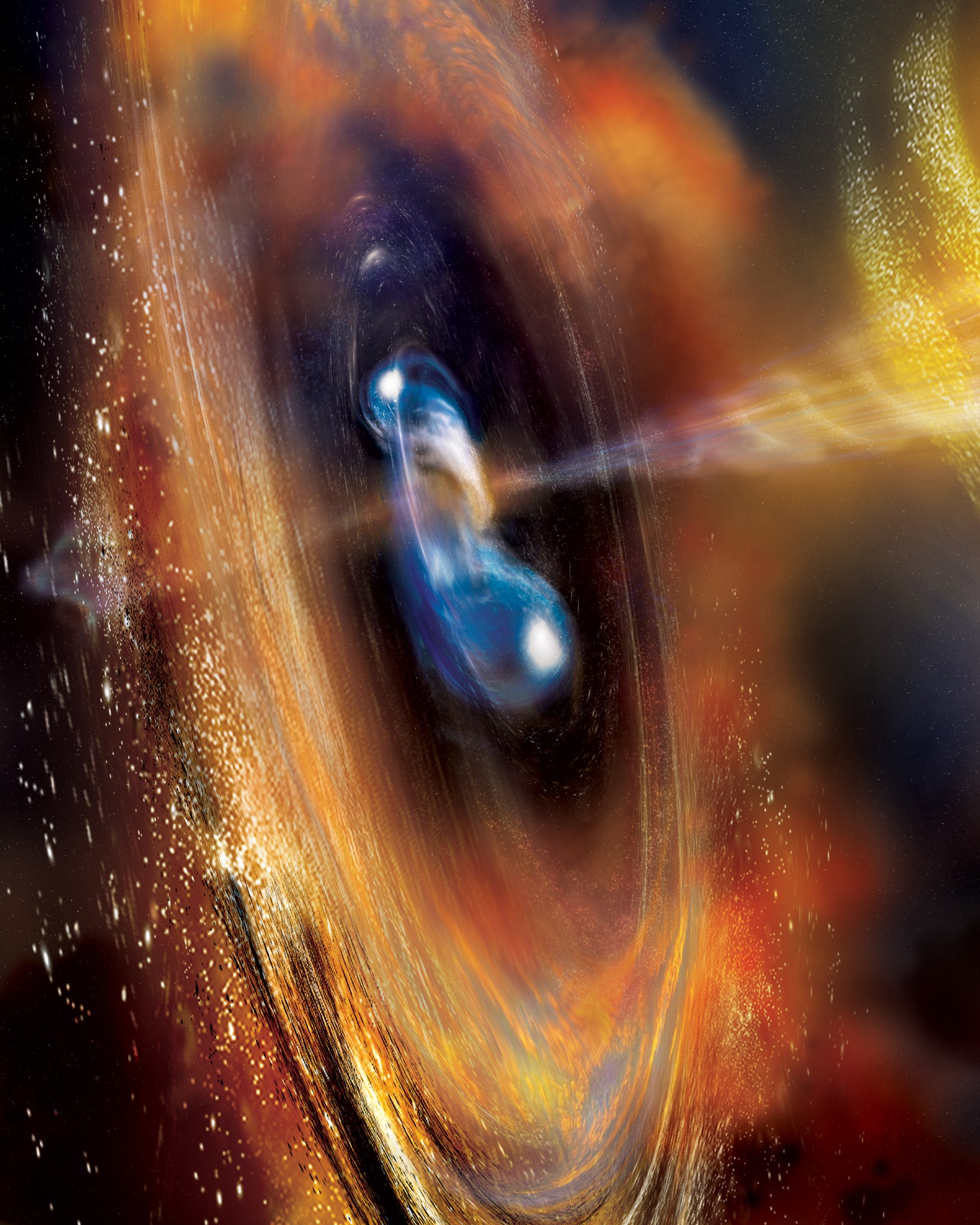 Two neutron stars begin to merge in this artist's concept, blasting jets of high-speed particles. Collision events like this one create short gamma-ray bursts. Credit: NASA's Goddard Space Flight Center/ A. Simonnet, Sonoma State University