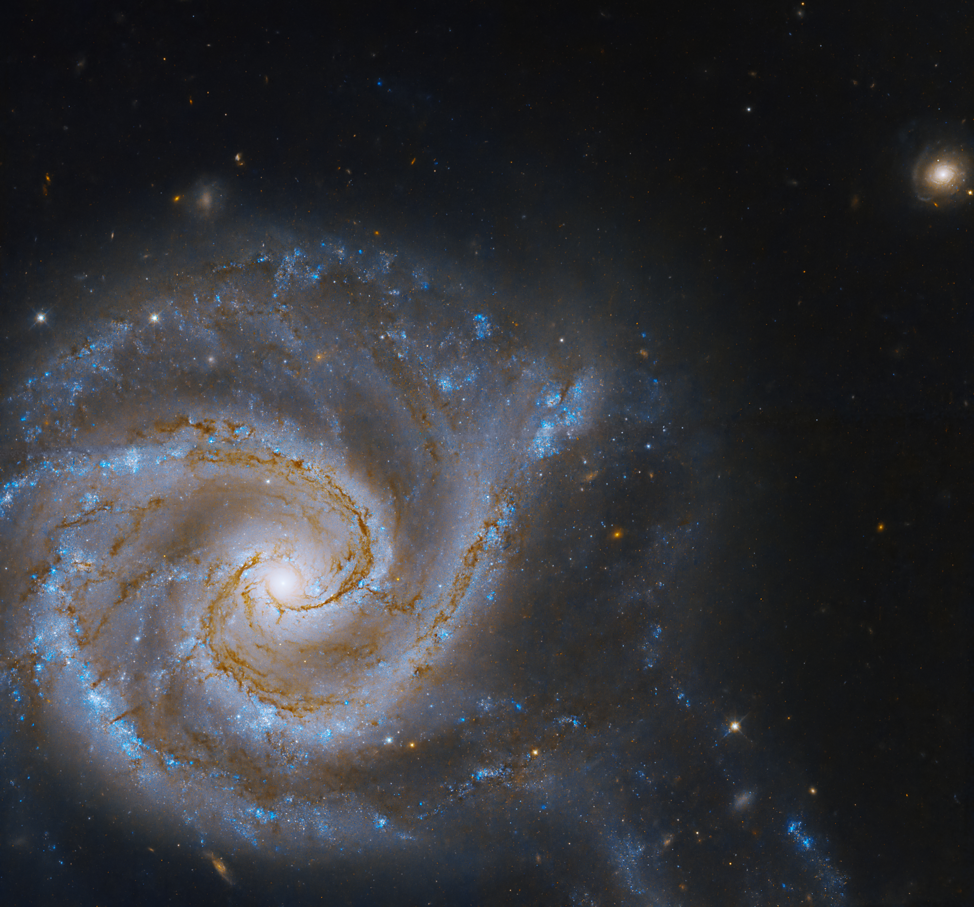 A massive spiral galaxy fills the lower left of the image. Spiral arms full of dark brown dust and bright blue stars extend out from the yellow galactic core, all against black space dotted with more distant galaxies and stars.
