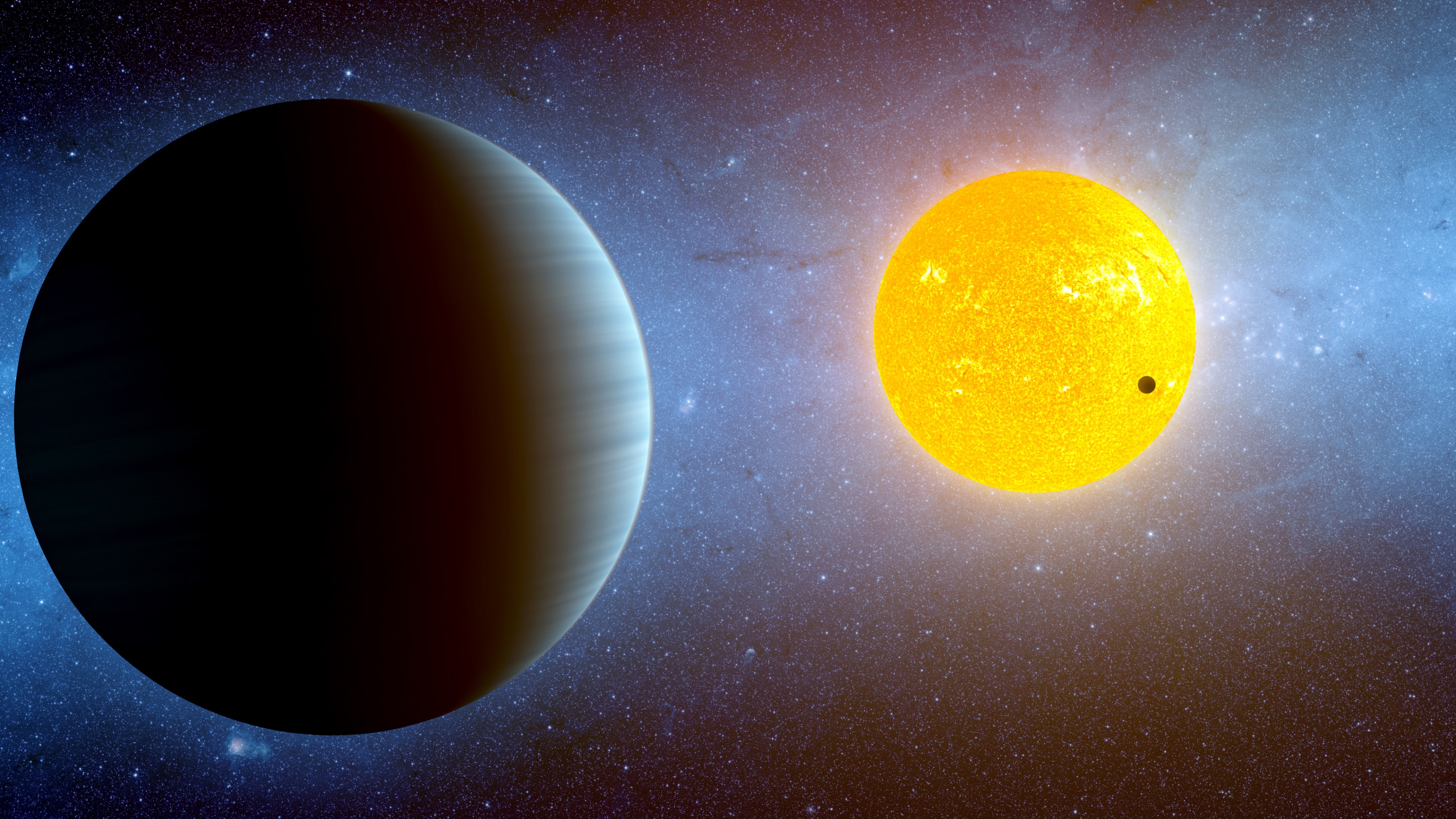 An artist's concept illustration shows a planet large in the frame and back-lit by a nearby bright yellow star. Another planet in the system can be seen as a black dot crossing the face of the star against the background of space.