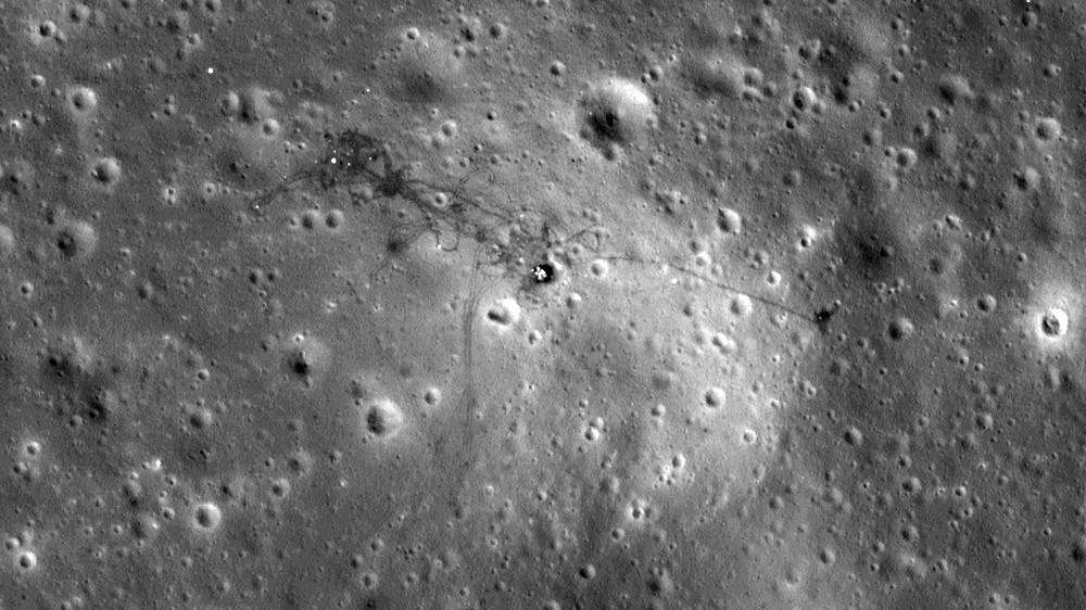 LRO in 2010 depicts the tracks that Apollo 15 astronauts David Scott and James Irwin made 39 years earlier