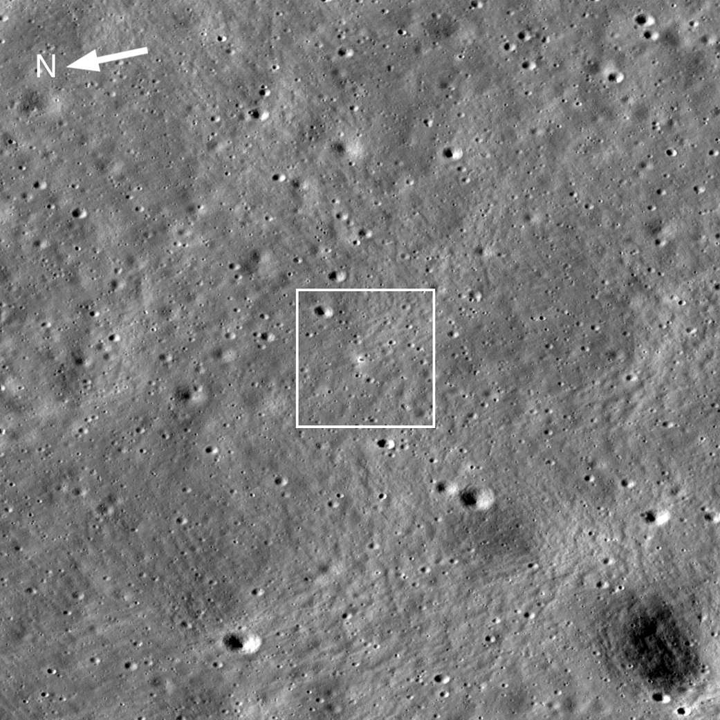 close up image of the Moon with craters visible. A white square has been placed on the image to show the Chandrayaan-3 landing site