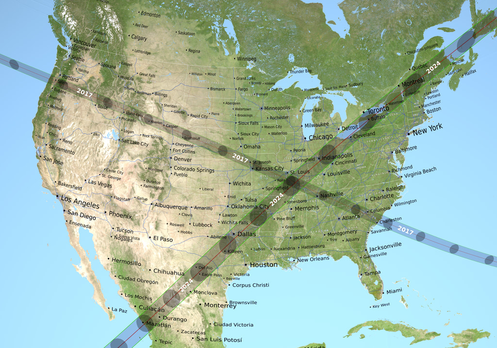 A map of North America. Sweeping from Oregon to South Carolina is a thin, gray path labeled 2017. Sweeping from Mazatlan, Mexico, through Texas, across the U.S., and entering Canada through Maine is a wider gray path labeled 2024.