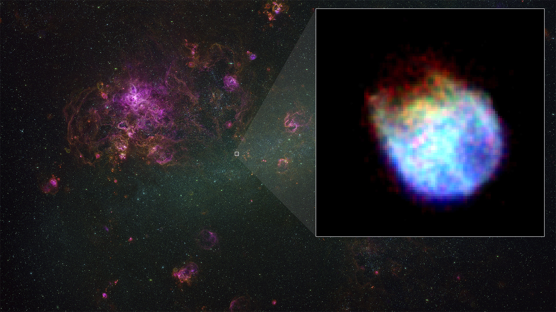 This graphic shows the Large Magellanic Cloud with an X-ray image of supernova remnant N132D as an inset.