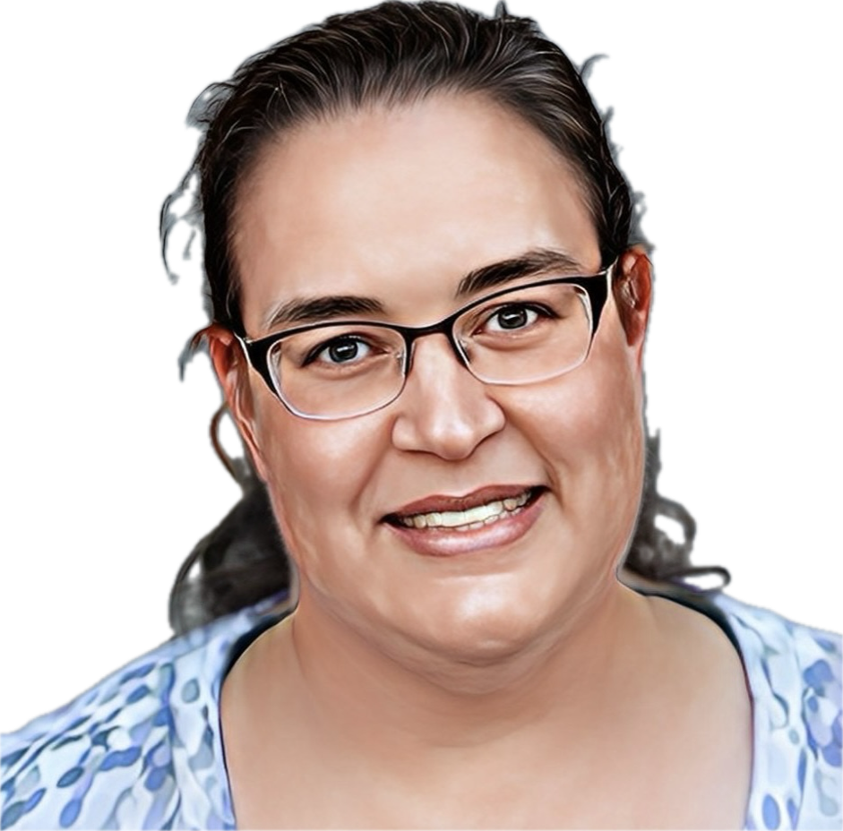 Photoshop-generated illustration of dark-haired woman, hair pulled back, with glasses and blue patterned blouse
