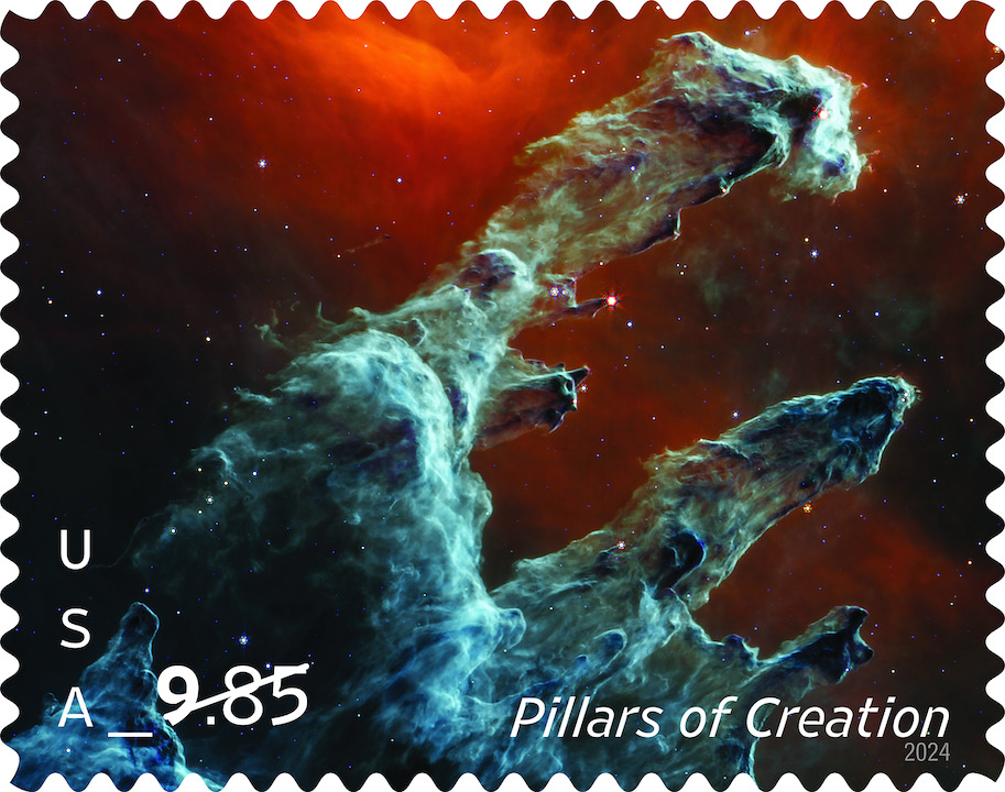 Finger-like cloud structures in blue against a red background are a cosmic object called the Pillars of Creation