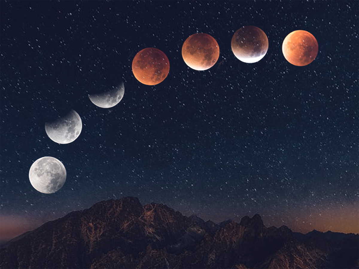 Composite of lunar eclipse phases over a starry night sky.