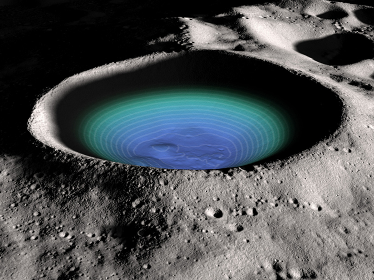 Composite image of a Moon's crater with superimposed illustration of a blue-green pool of water.