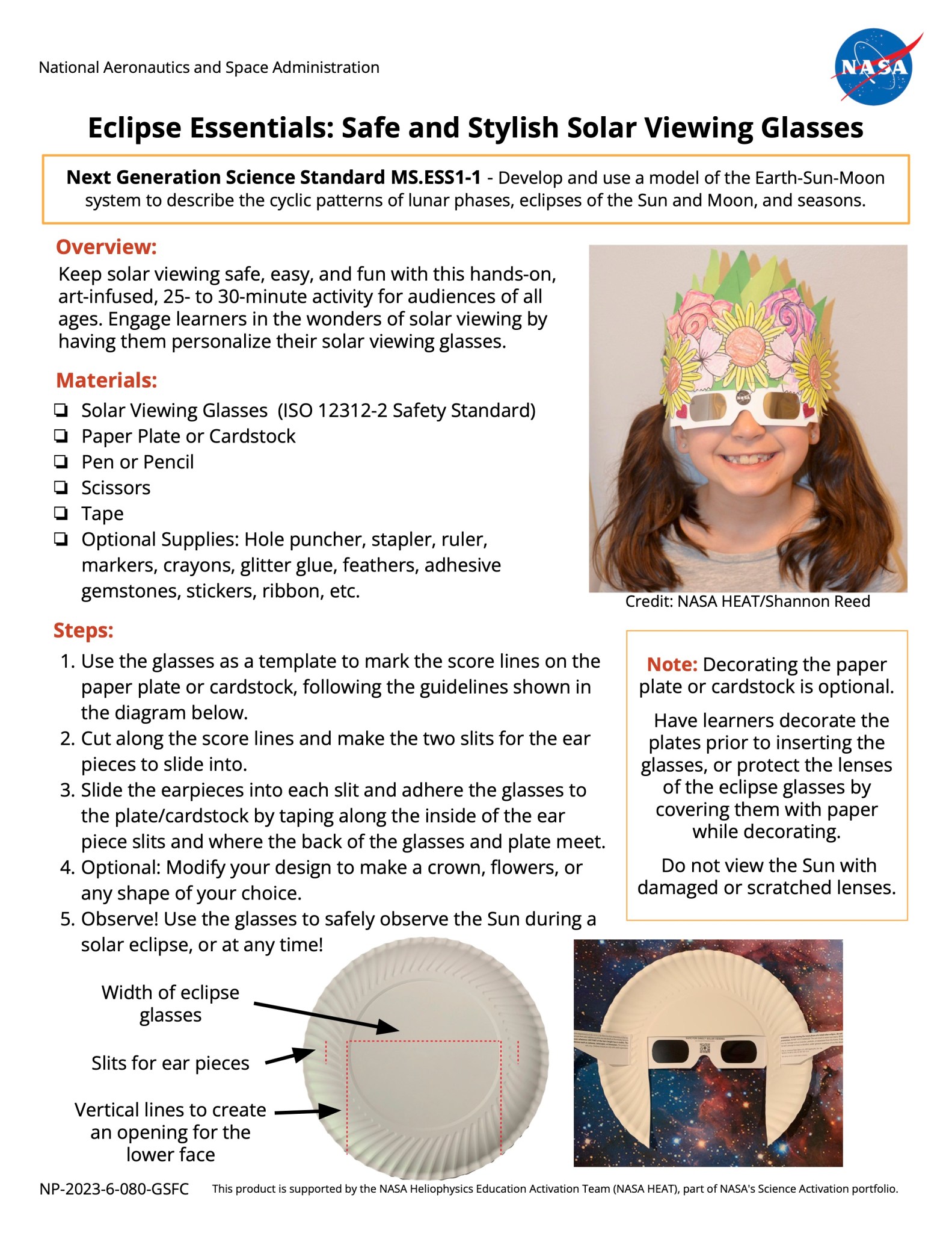 The activity sheet, showing an overview, materials needed, and steps to complete the activity. There is also a photo of a girl wearing eclipse glasses with a flower crown on top.