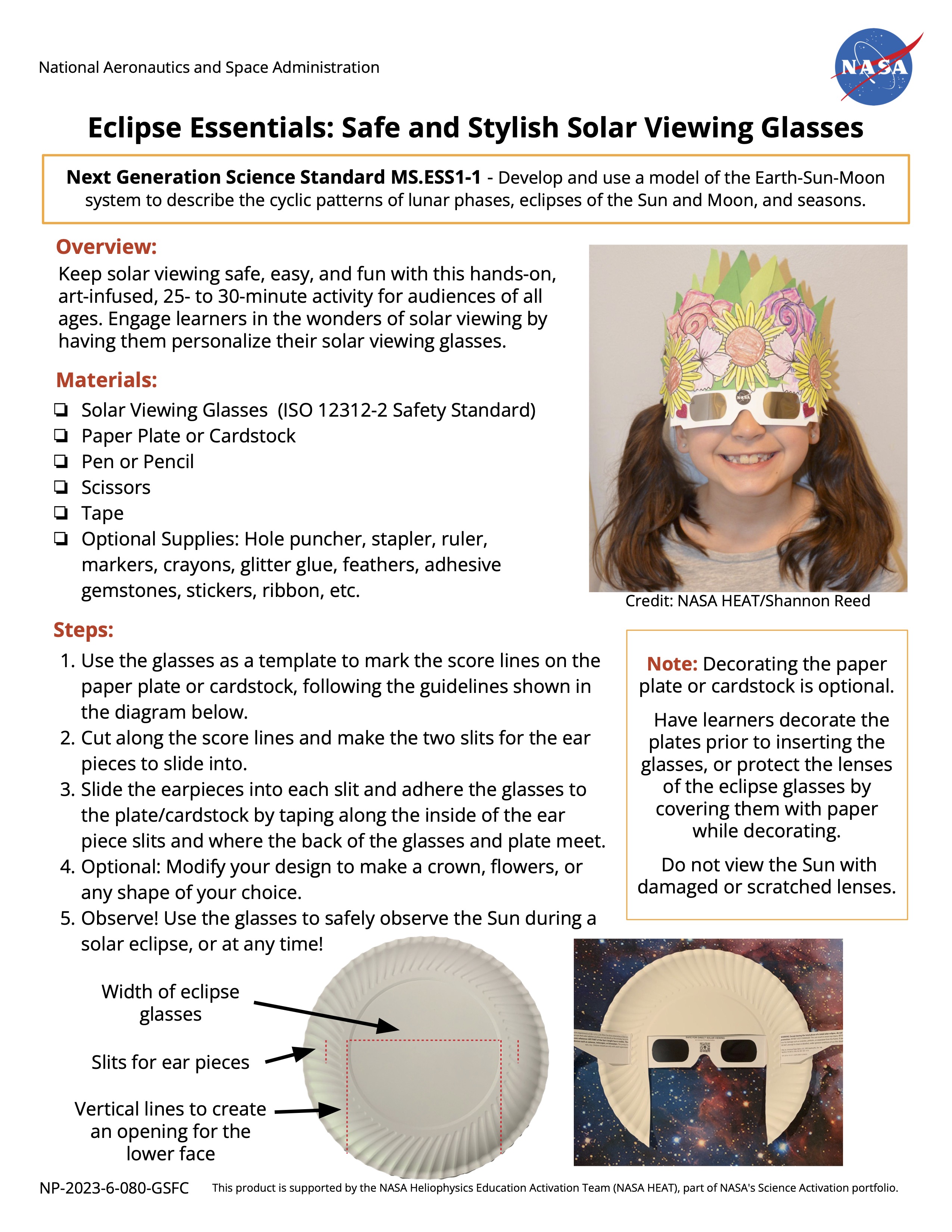 The activity sheet, showing an overview, materials needed, and steps to complete the activity. There is also a photo of a girl wearing eclipse glasses with a flower crown on top.