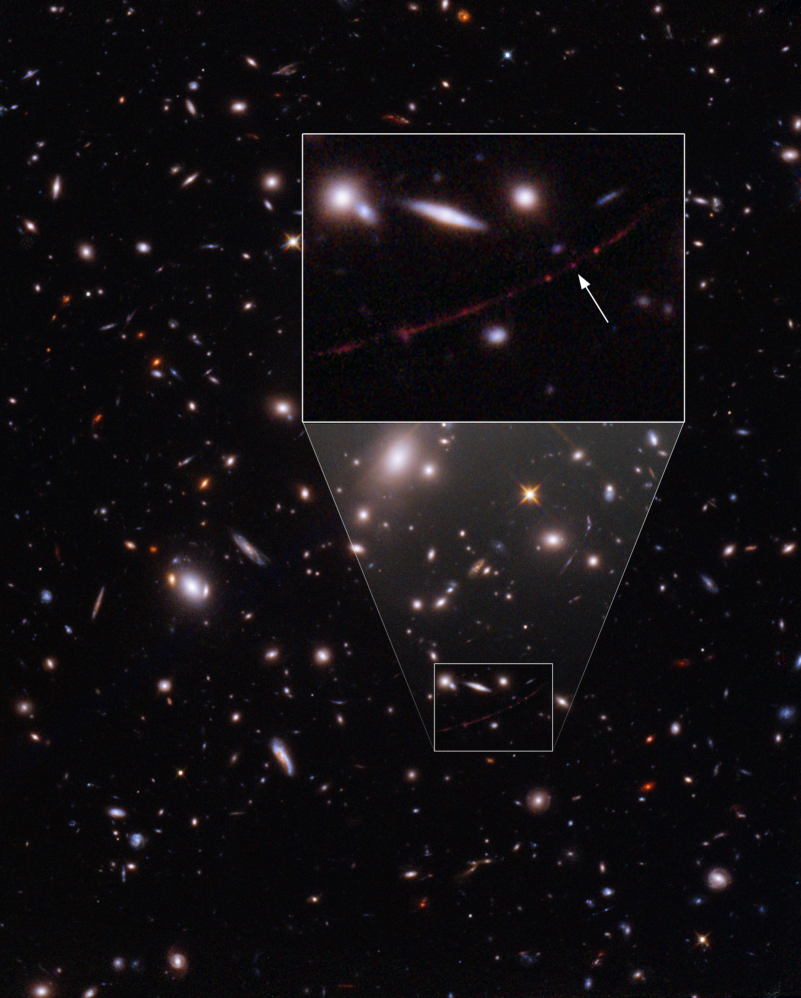 This Hubble image includes the star Earendel, which is the farthest individual star ever detected.