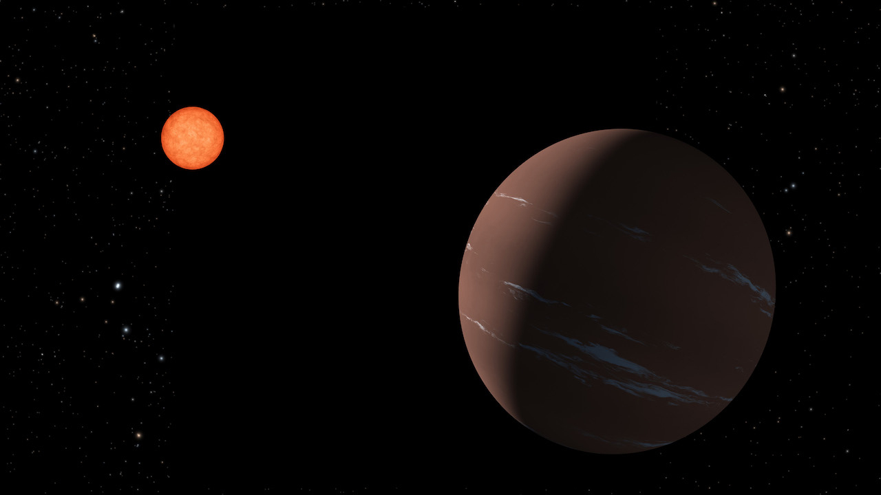 On the right lower foreground, this illustration shows a 'super-Earth' - a planet larger than Earth but smaller than Neptune - with a brownish atmosphere flecked with white, horizontal strips of cloud. The planet's left side is partially lit by its reddish parent star, a red dwarf, smaller and cooler than our Sun, seen in the upper left of the image. 
