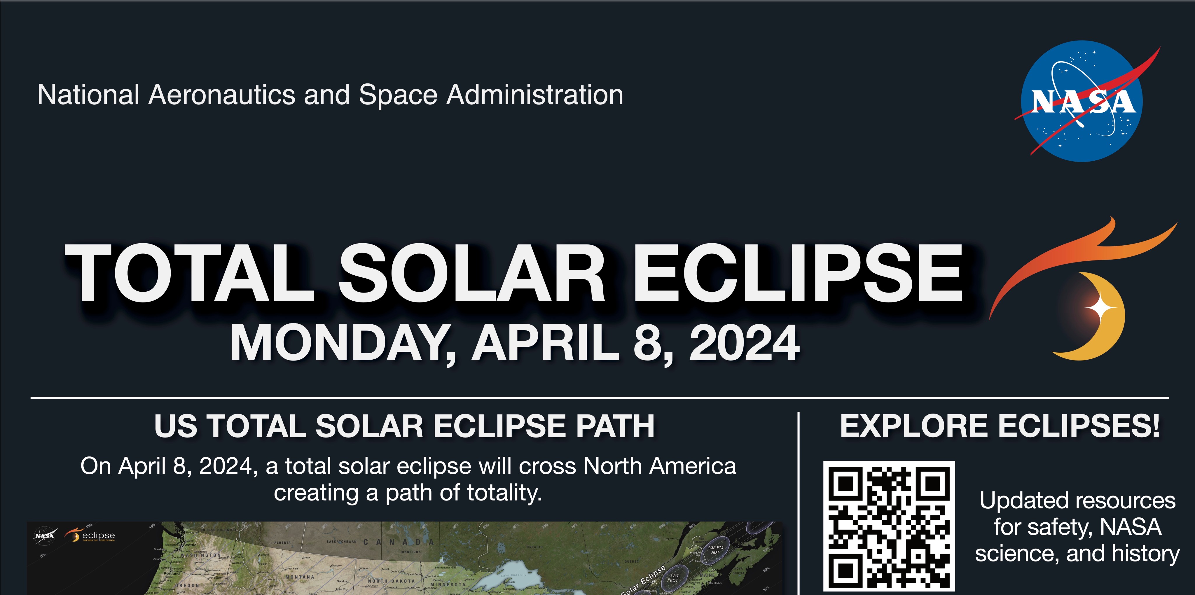 A portion of the total solar eclipse banner. Against a black background are the words "TOTAL SOLAR ECLIPSE, Monday April 8, 2024". Portions of sections with more information on the eclipse are cut off.
