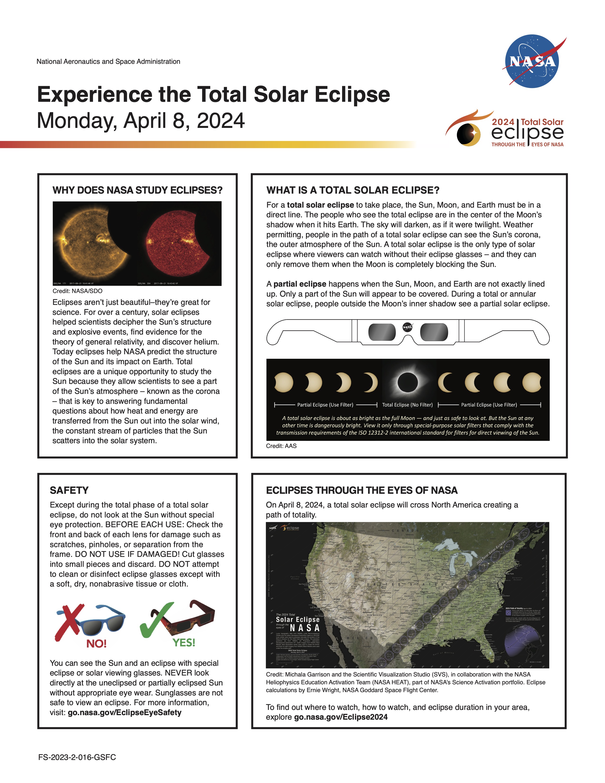 The front of the total solar eclipse fact sheet, showing the title "Experience the Total Solar Eclipse, Monday, April 8, 2024" and blocks of text about why NASA studies eclipses, how to safely watch the eclipse, what is a total solar eclipse, and eclipses through the eyes of NASA.