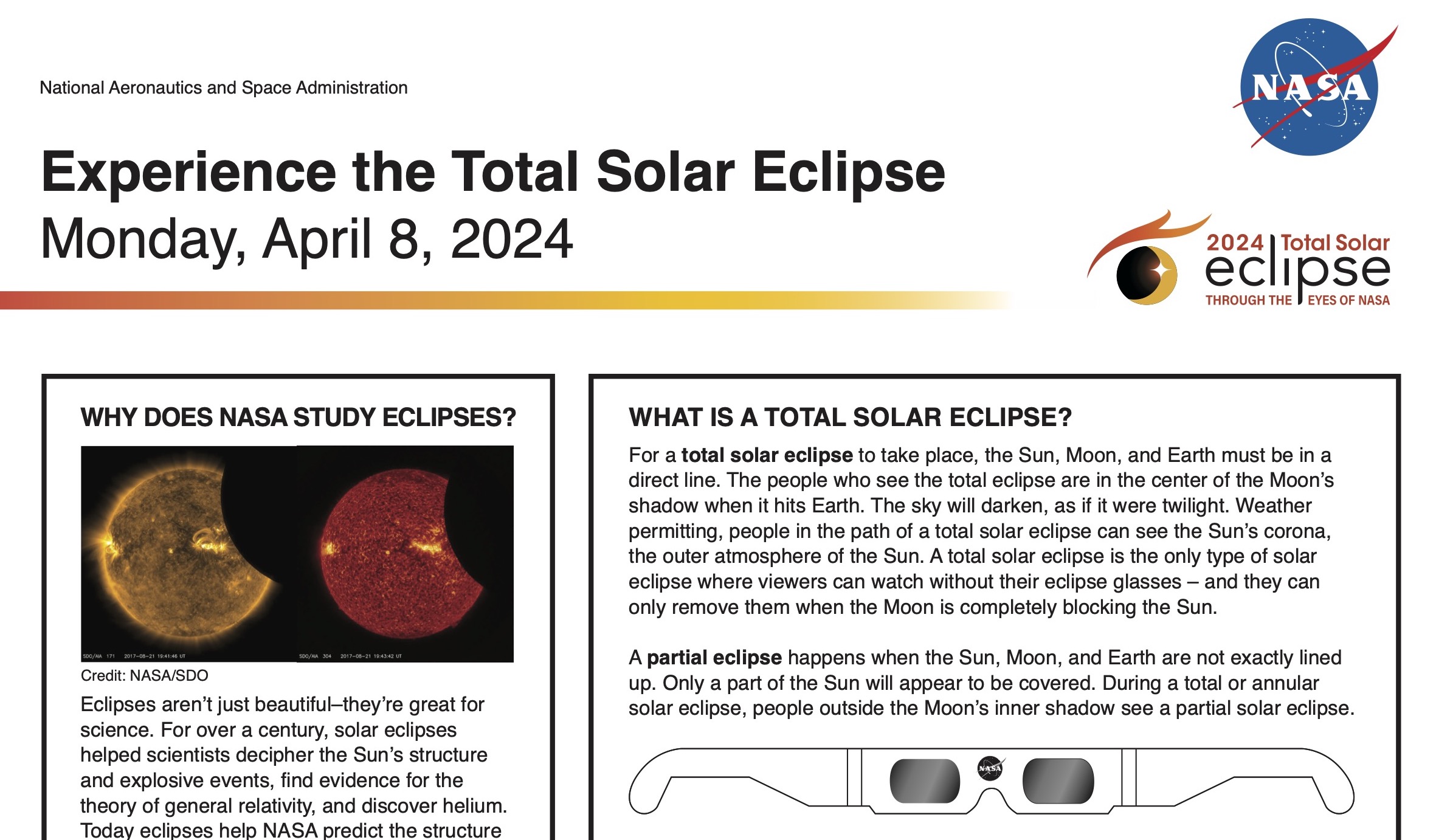 A portion of the total solar eclipse fact sheet, showing a title that reads "Experience the Total Solar Eclipse, Monday, April 8, 2024" and some blocks of text with more detail of the event.