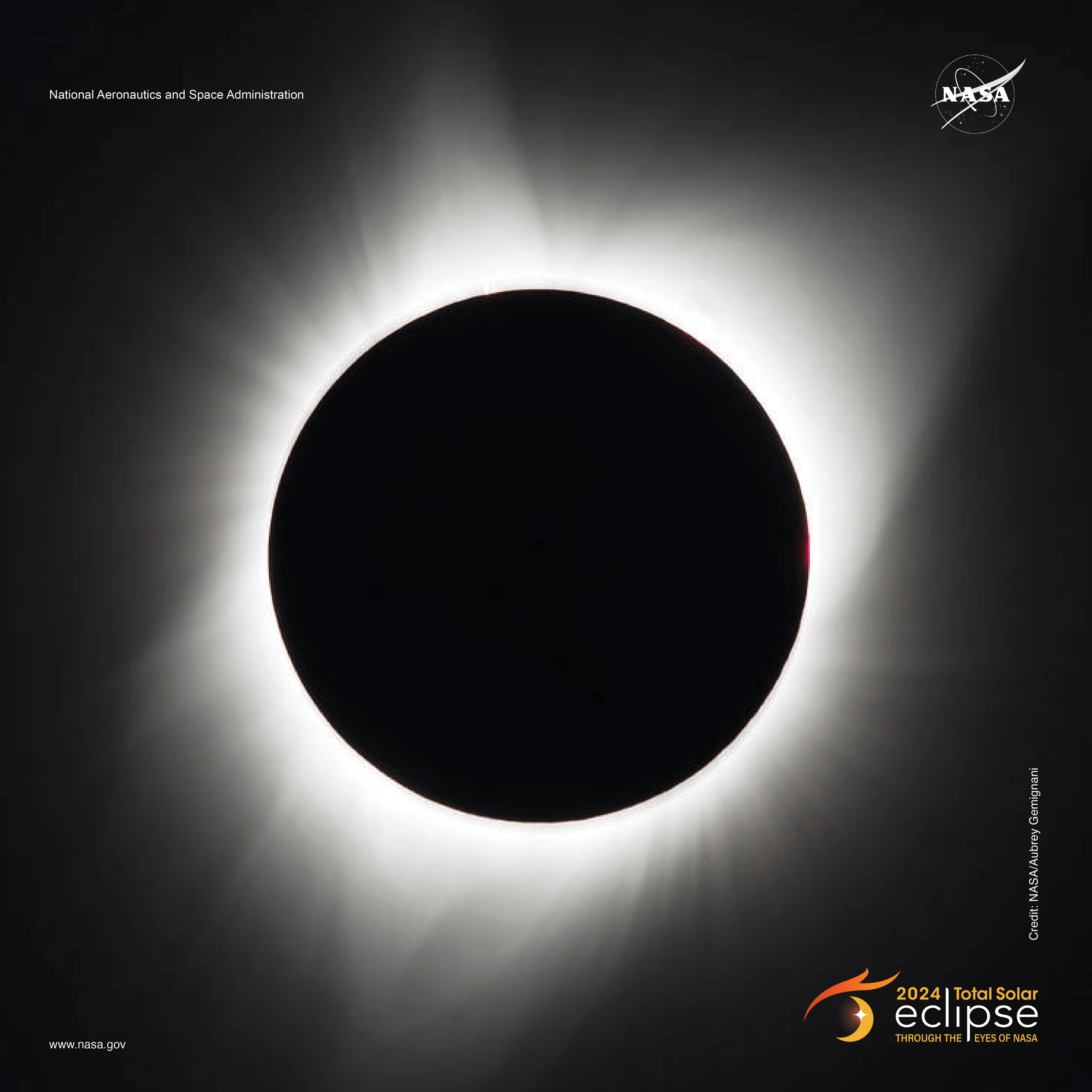 A black circle – the Moon – is at the center of the image. Surrounding it are white streams of light that fill the dark background. The NASA insignia is at the top of the poster, and the eclipse identifier – a graphic that shows a partial eclipse, with a swoosh above it, is at the bottom right. The identifier reads 2024 Total Solar Eclipse Through the Eyes of NASA.