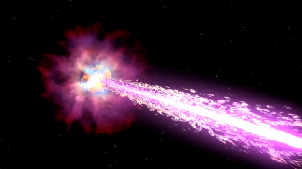 As a high-mass star explodes in this artist's concept, it produces a jet of high-energy particles. We see GRBs when such gets point almost directly at Earth.