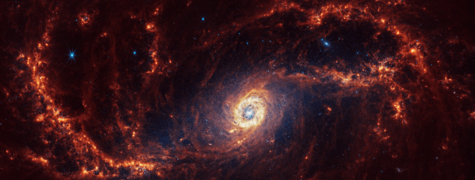 Webb’s image of the galaxy NGC 1672 shows a portion of a face-on barred spiral galaxy anchored by its central region, which is circular and has a bright white point at the center with blue and then yellow circular regions around it, anchored to the right of center. A roughly horizontal bar structure made of a blue haze of stars and filamentary orange dust lanes tilts up slightly and takes up the majority of the image. Two spiny orange spiral arms made of stars, gas, and dust connect to the end of the bar and extend outward, rotating clockwise. The spiral arms are largely orange, ranging from dark to bright orange and extend beyond the edges of the image. They are brightest orange away from the bright central region at left and right, like knots of orange beads strung together. The spiral shape of the galaxy is less apparent in this view, with the arms looking more like irregular waves in an ocean’s tides. There are many more dark or black regions between where the orange gas and dust of the bar and spiral arms appear. Scattered across the scene are some bright blue pinpoints of light.