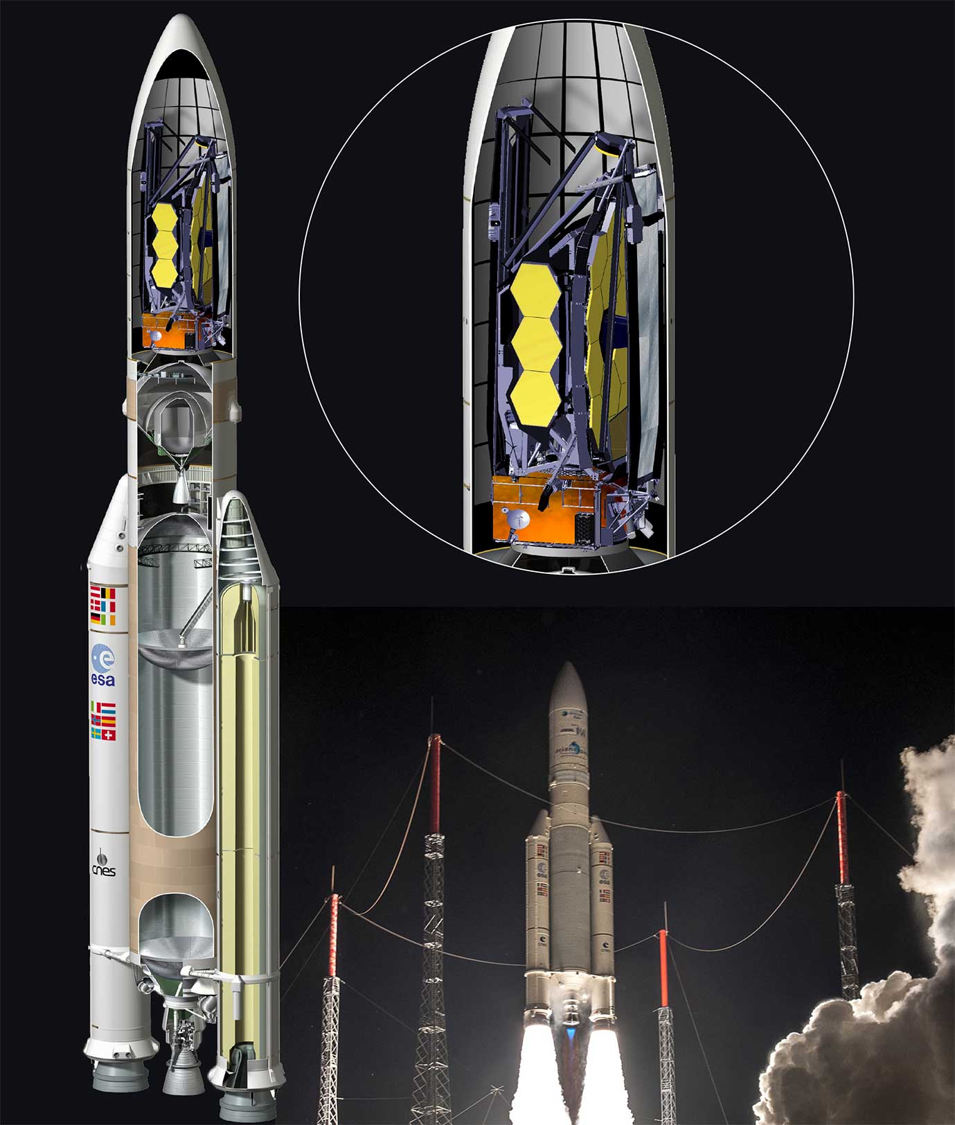 Montage or Webb (JWST) in it's folded and stowed launch configuration inside the nose cone of an Ariane 5 rocket.