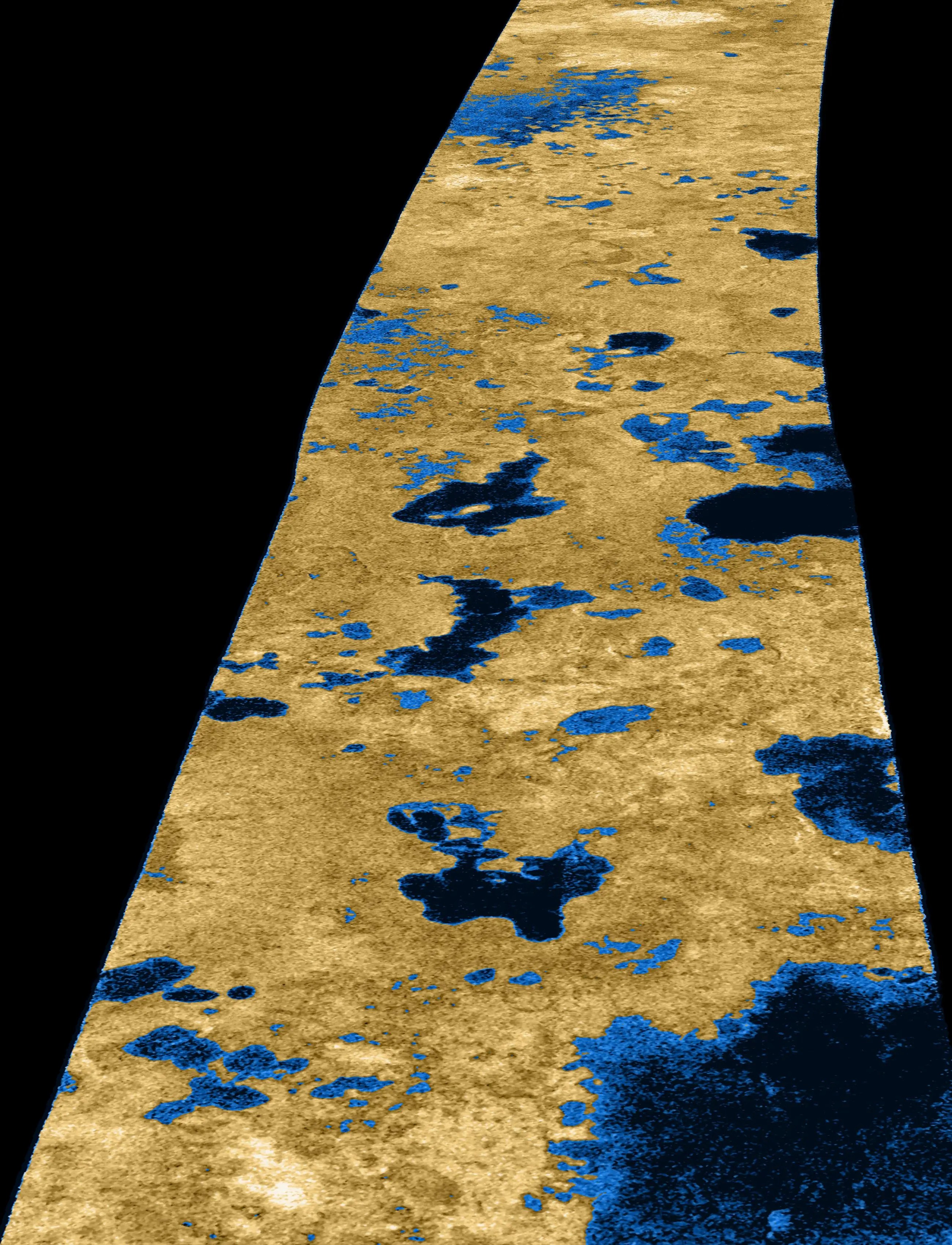 A narrow enhanced radar map of titan highlights a series of more than 15 lakes.