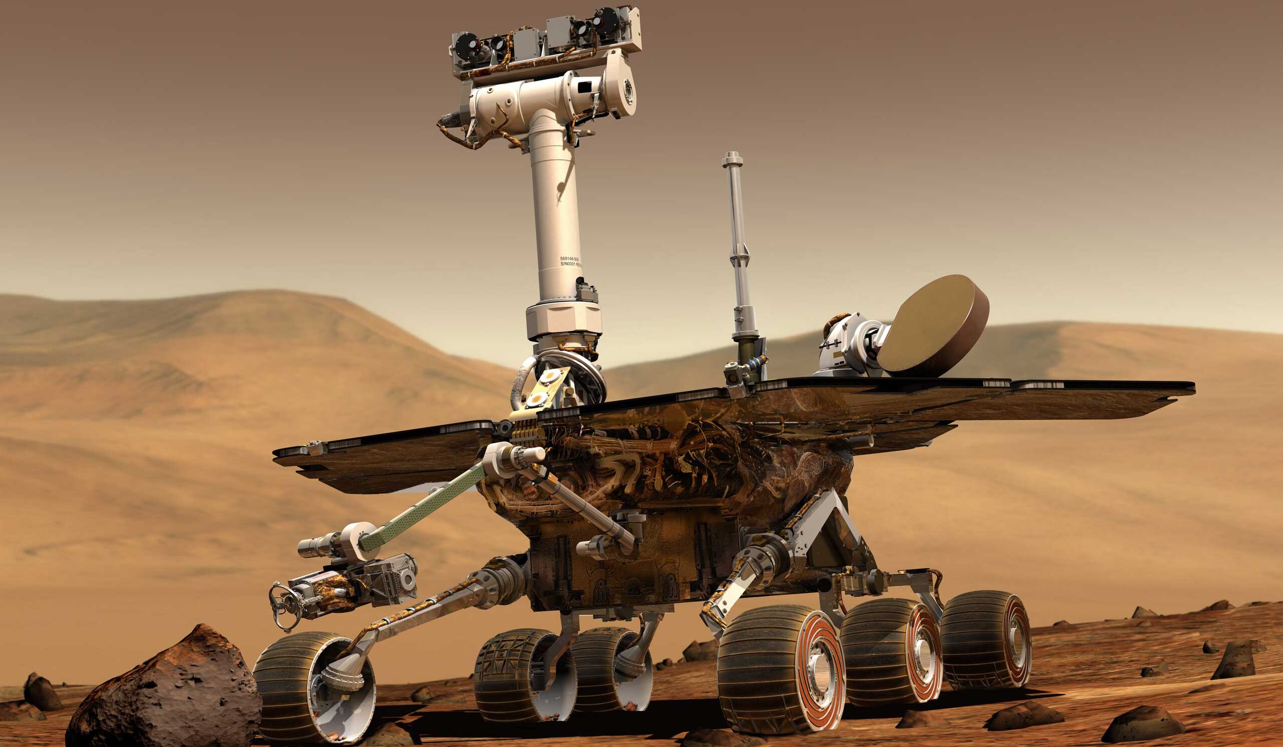 An artistic illustration of a golf cart-sized rover on the surface of Mars.