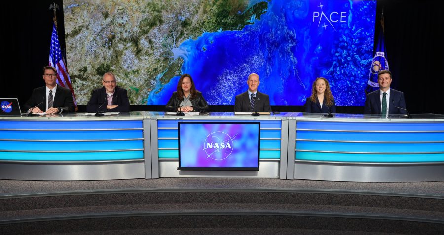 A PACE (Plankton, Aerosol, Cloud, ocean Ecosystem) mission and prelaunch news conference takes place at NASA's Kennedy Space Center in Florida on Monday, Feb. 5, 2024. Participants, from left to right are: Derrol Nail, NASA Communications; Jim Free, NASA associate administrator; Karen St. Germain, Earth Science Division director, NASA Headquarters; Tim Dunn, senior launch director, Launch Services Program, NASA's Kennedy; Julianna Scheiman, director Civil Satellite Missions, SpaceX; and Brian Cizek, launch weather officer, 45th Weather Squadron, U.S. Space Force.