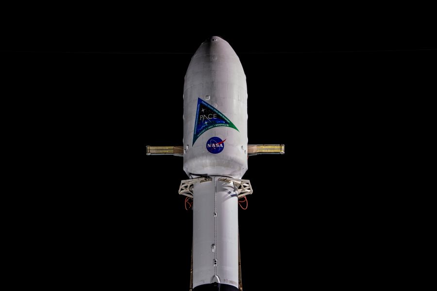 A SpaceX Falcon 9 rocket with NASA's PACE (Plankton, Aerosol, Cloud, ocean Ecosystem) spacecraft encapsulated atop is raised to a vertical position at Space Launch Complex 40 at Cape Canaveral Space Force Station in Florida on Monday, Feb. 5, 2024. PACE is NASA's newest earth-observing satellite that will help increase our understanding of Earth's oceans, atmosphere, and climate by delivering hyperspectral observations of microscopic marine organisms called phytoplankton as well new data on clouds and aerosols. Liftoff of the PACE mission is set for no earlier than 1:33 a.m. EST on Tuesday, Feb. 6, 2024.