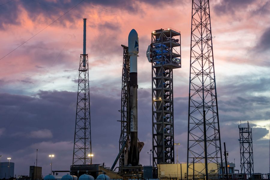 A SpaceX Falcon 9 rocket with NASA's PACE (Plankton, Aerosol, Cloud, ocean Ecosystem) spacecraft stands vertical at Space Launch Complex 40 at Cape Canaveral Space Force Station in Florida.