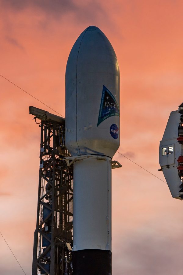 A SpaceX Falcon 9 rocket with NASA's PACE (Plankton, Aerosol, Cloud, ocean Ecosystem) spacecraft stands vertical at Space Launch Complex 40 at Cape Canaveral Space Force Station in Florida on Monday, Feb. 5, 2024. PACE is NASA's newest earth-observing satellite that will help increase our understanding of Earth's oceans, atmosphere, and climate by delivering hyperspectral observations of microscopic marine organisms called phytoplankton as well new data on clouds and aerosols.