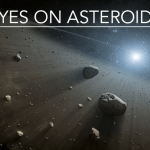 Eyes on Asteroids banner displaying an asteroid field in space with the Sun in the top right corner casting light on the asteroids and debris