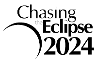 Black text reading "Chasing the Eclipse 2024" on a white background are stacked in a gentle arc around a black crescent in the lower left.