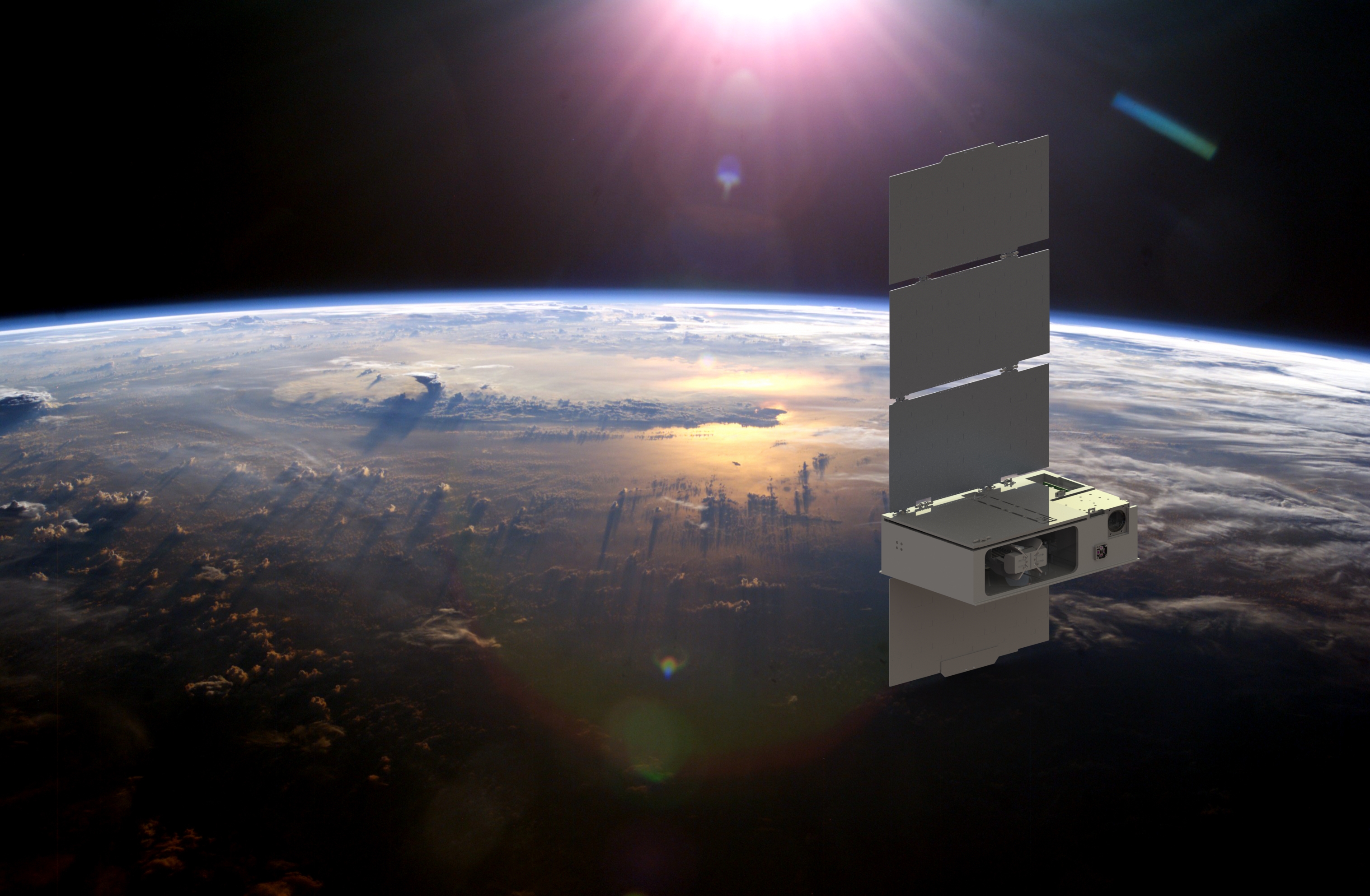 A satellite above planet Earth; the satellite consists of a rectangular box with four flat rectangular solar array panels attached.