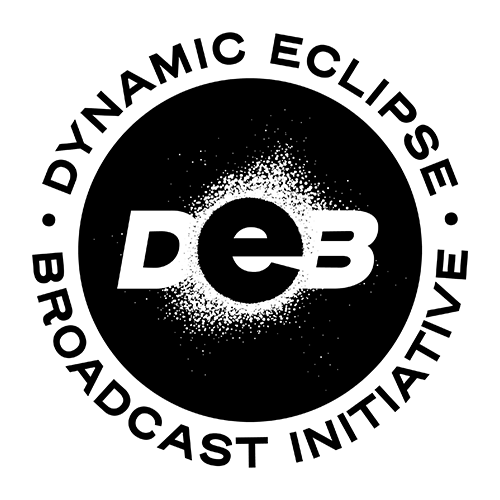 Dynamic eclipse broadcast Initiative" appear in all black capitals, circling a central black spot. Across this black spot are three letters: a white capital D, a black lowercase e, and a white capital B. The black "e" is visible against the black circle thanks to a dense splash of white dots that fill the middle of the circle. The "e" resembles the black of the Moon eclipsing the bright white of the Sun and its corona.