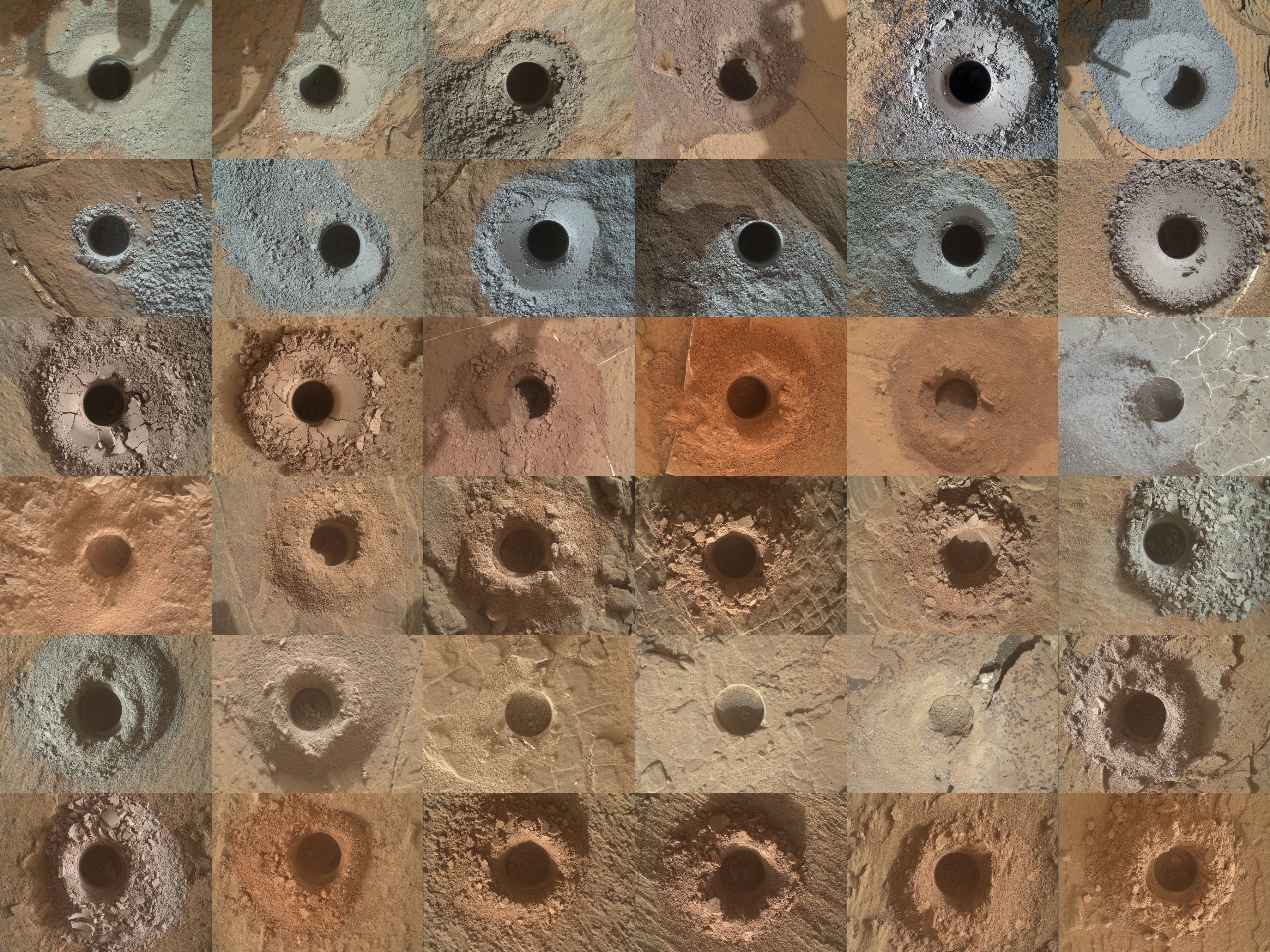 A sequence of 36 drill holes (six across and six down) that show the variety of soil sampled on Mars.