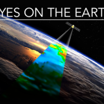 Eyes on the Earth banner displaying Jason 3 spacecraft orbiting around Earth. We can see the spacecraft instrument frustum looking at the Earth surface with colored data where the frustum interesects with Earth.