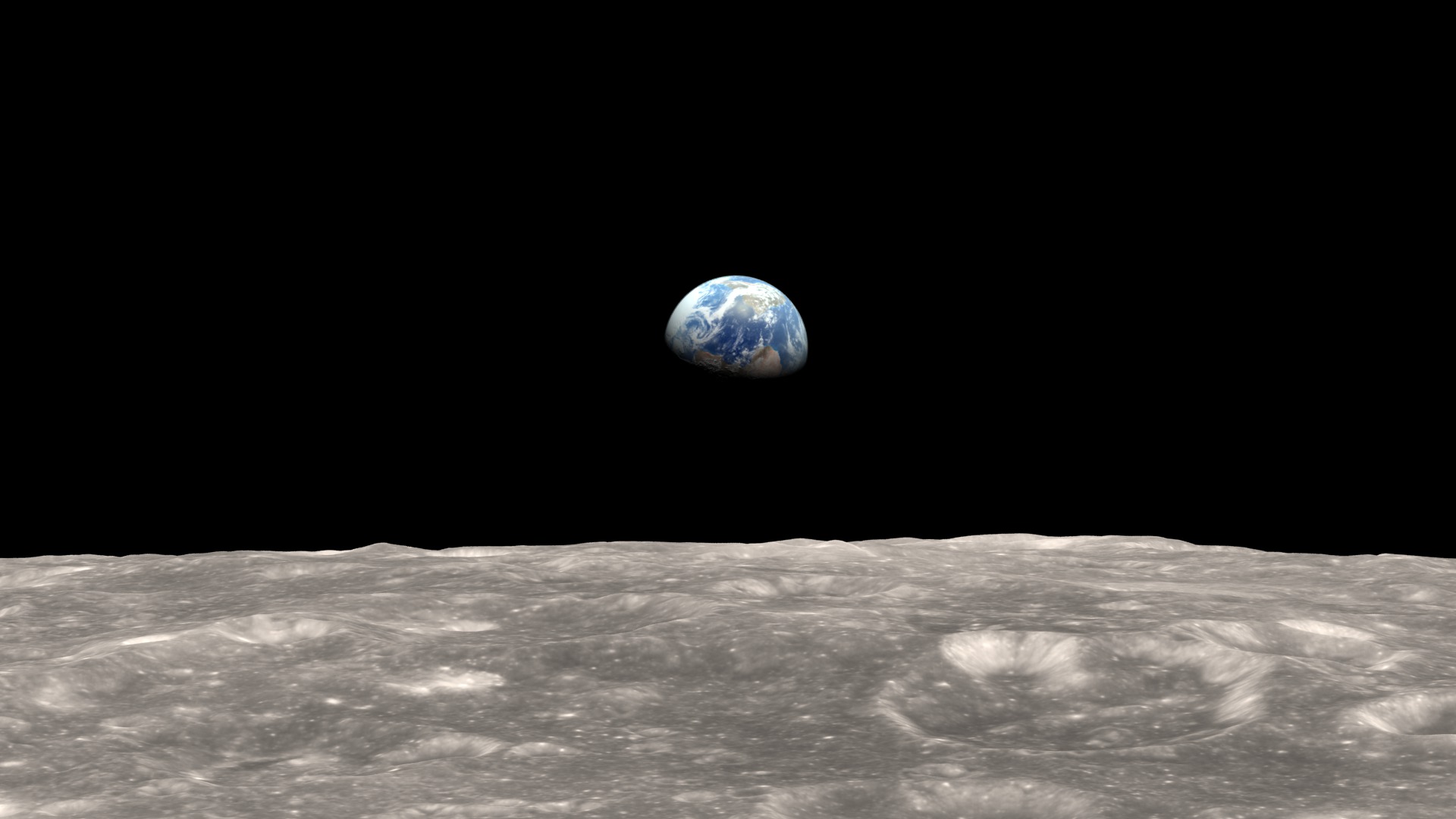 blue Earth against a black sky above the barren lunar surface