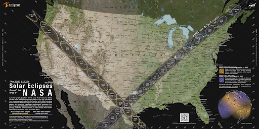 Two bands of shade cross a true color image of the United States and the northern parts of Mexico and southern parts of Canada. The shade band associated with the October 14 2023 annular eclipse is approximately 100 miles wide and stretches in length beginning in coastal Oregon and continues diagonally in a southeast direction through parts of California, Nevada, Utah, Arizona, Colorado, New Mexico, and finally through Corpus Cristi, Texas. The band of shade associated with the April 8 2024 total eclipse is approximately 125 miles wide and stretches in length starting in Mexico, and crosses diagonally in a northeast across the United States entering over San Antonio, Texas and continuing across parts of Oklahoma, Arkansas, Missouri, Illinois, Kentucky, Indiana, Ohio, Pennsylvania, New York, Vermont, New Hampshire, and Maine and then into New Brunswick, Canada.