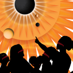 An illustrative poster shows the black silhouettes of five people of different heights wearing red eclipse glasses and looking at a total solar eclipse. One person points toward the eclipse. The eclipse is represented as a black disk surrounded by concentric circles of yellow and orange with white, orange, and red rays. Several spheres appear around the eclipse. At the bottom are the words “Through the eyes of NASA” and the NASA logo appears in the upper right.