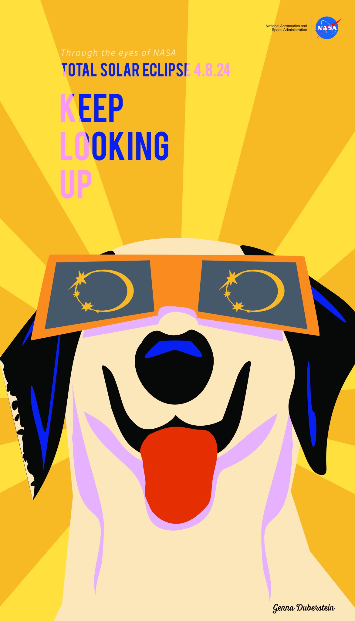 Against a background filled with orange and yellow rays, a cartoon dog looks upward. The dog is white with black ears. It is wearing orange eclipse glasses. The eclipse is reflected in the glasses. at the top, it says 