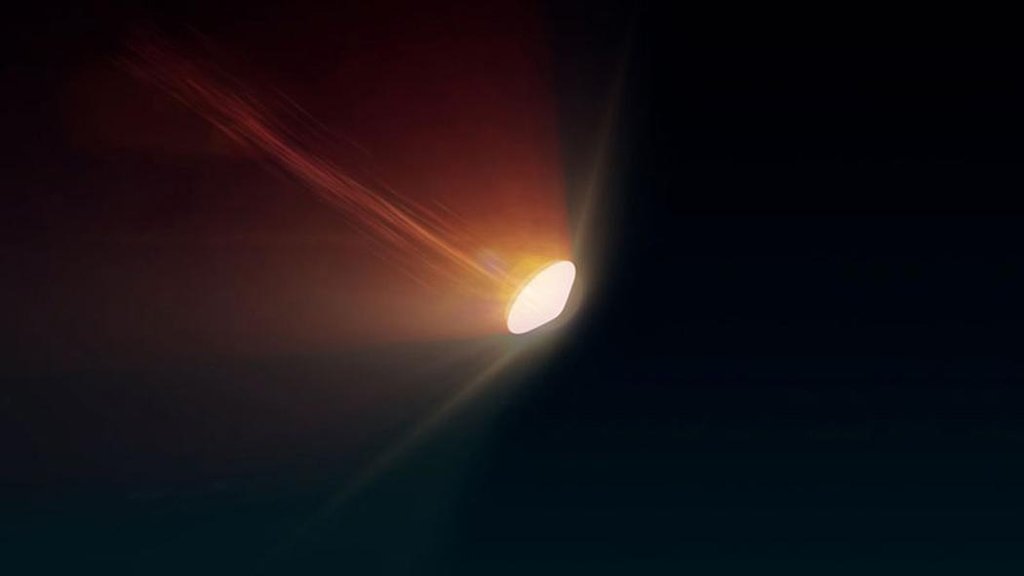 Artist's concept of a sample capsule heating up to a bright glow as it enters Earth's atmosphere.