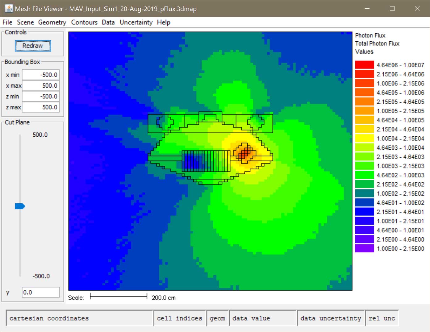 Computer graphics showing the strength of various fields around the line drawing of a proposed spacecraft.