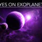 Eyes on the Exoplanets banner displaying an hypothetical exoplanet with its moon and a star in the distance,